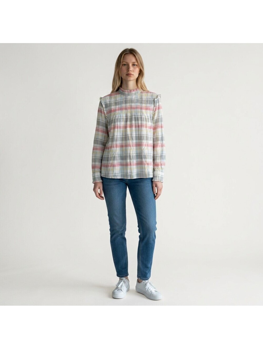 Max Jeans Blouse Women M Medium White Plaid Long Sleeve Hook & Eye Cotton Casual